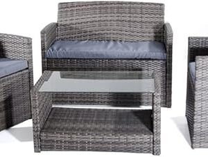 SET Tavolino + Divano + 2 Poltrone Polyrattan Melange/Grigio